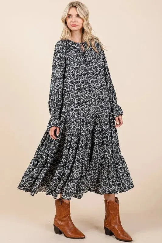 Mittoshop Printed Tie Neck Flounce Sleeve Midi Dress for Women - Love Salve
